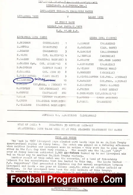 Liverpool Boys v Leeds Boys 1973 – Schoolboys Under 14