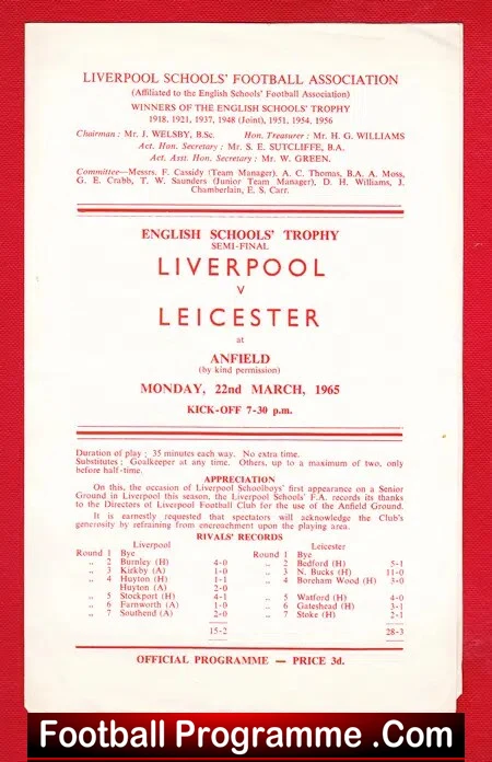 Liverpool Boys v Leicester Boys 1965 – Schoolboys Semi Final
