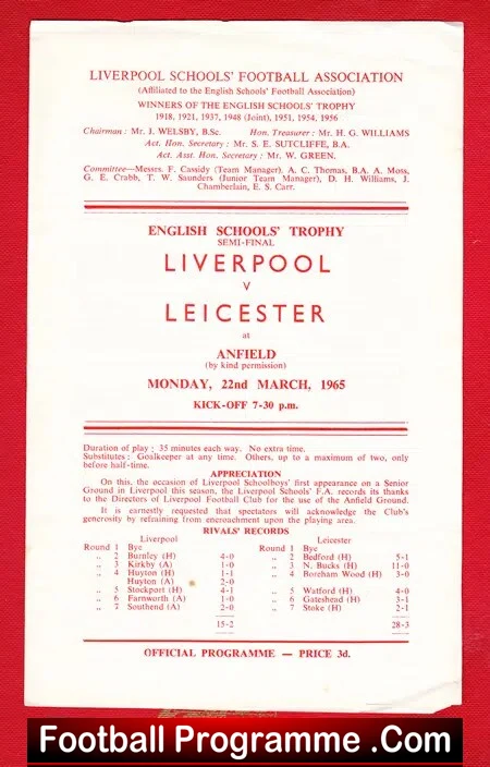 Liverpool Boys v Leicester Boys 1965 – School Boys Semi Final
