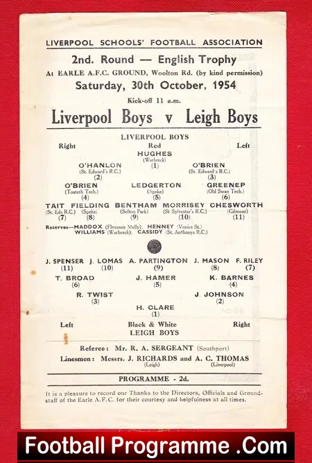Liverpool Boys v Leigh Boys 1954 – Earle AFC Ground