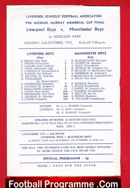 Liverpool Boys v Manchester Boys 1972 – Schoolboys Goodison Park