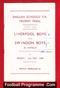 Liverpool Boys v Swindon Boys 1969 - Schoolboys Trophy Cup Final - football programme