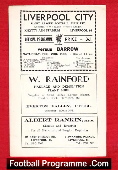 Liverpool City Rugby v Barrow 1960 – Knotty Ash Stadium