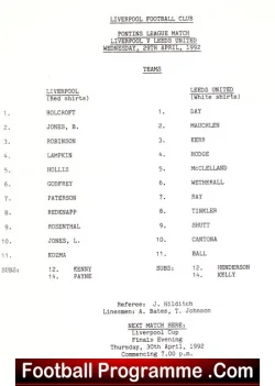 Liverpool v Leeds United 1992 – Reserves Eric CANTONA