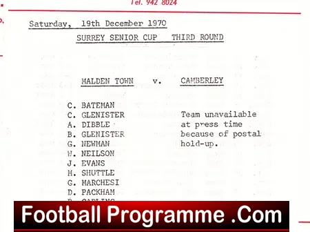Malden Town v Camberley 1970