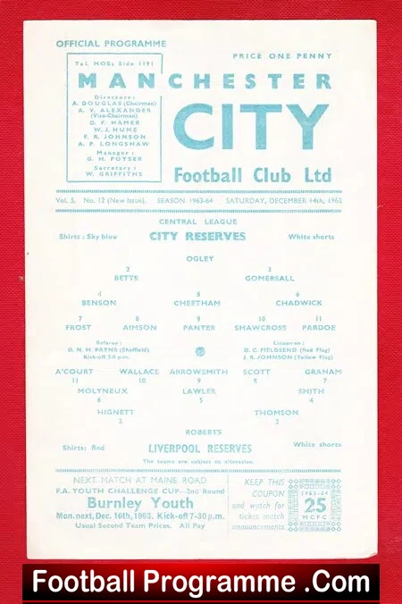 Manchester City v Liverpool 1963 – Reserves Match