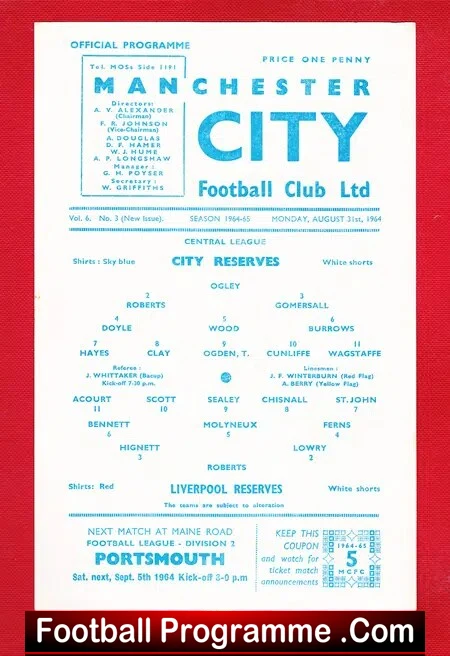 Manchester City v Liverpool 1964 – Reserves Match