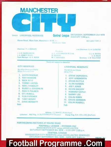 Manchester City v Liverpool 1978 – Reserves Match