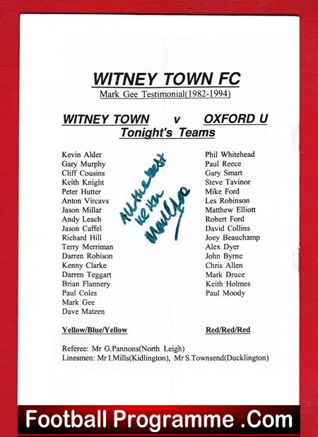 Mark Gee Testimonial Benefit Match Witney Town 1994 Signed