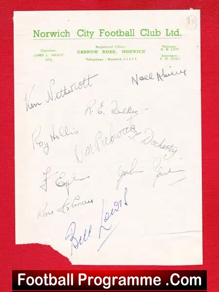 Norwich City Football Club Multi Signed Sheet 1950 – 1951