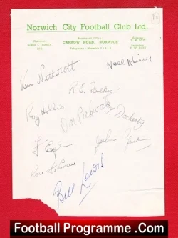 Norwich City Football Club Multi Signed Sheet 1950 – 1951