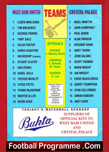 Paul Hilton Testimonial Benefit Match West Ham Utd 1991 - Signed