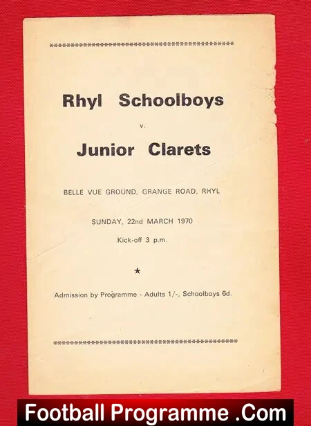 Rhyl Schoolboys v Junior Clarets 1970 Manchester Boys Belle Vue