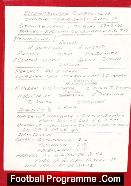 Sittingbourne v Tilbury 1962 – Single Sheet