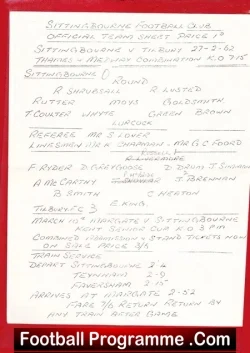 Sittingbourne v Tilbury 1962 – Single Sheet