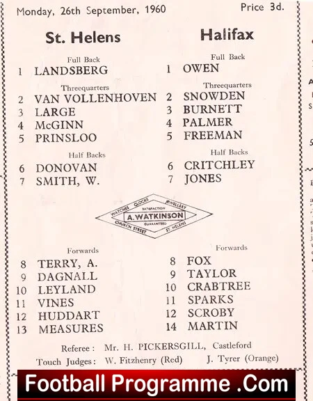 St Helens Rugby v Halifax 1960