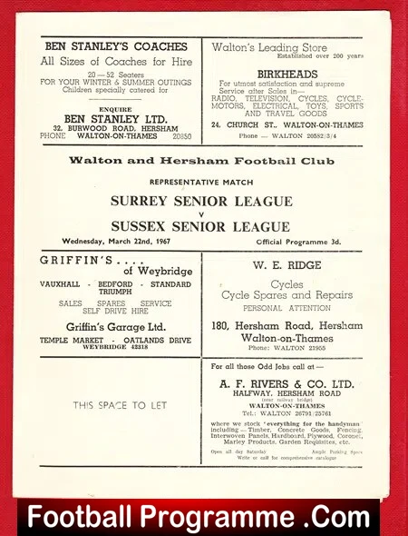 Surrey Senior League v Sussex 1967 – at Walton Hersham FC