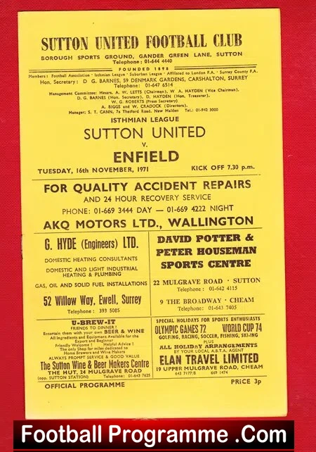 Sutton United v Enfield 1971