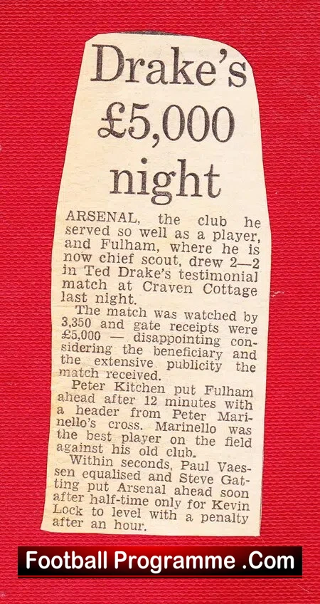 Ted Drake Testimonial Benefit Match Arsenal Fulham 1979 - Signed