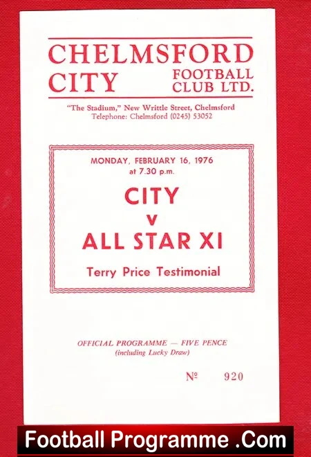 Terry Price Testimonial Benefit Match Chelsmsford City 1976