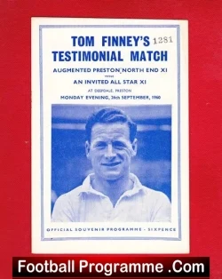 Tom Finney Testimonial Benefit Match Preston North End 1960 - football programme