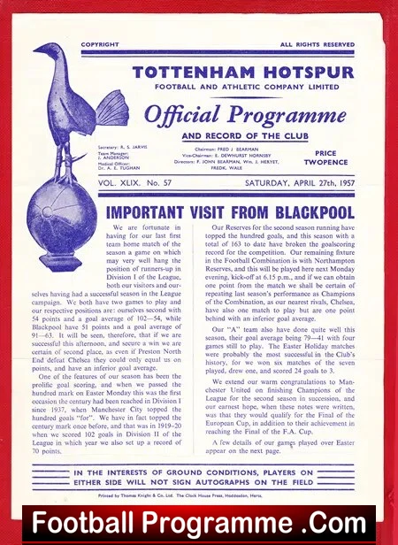 Tottenham Hotspur v Blackpool 1957