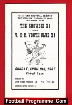 V E Youth Club v Showbiz X1 1967 - at Cheshunt - Sean Connery - football programme