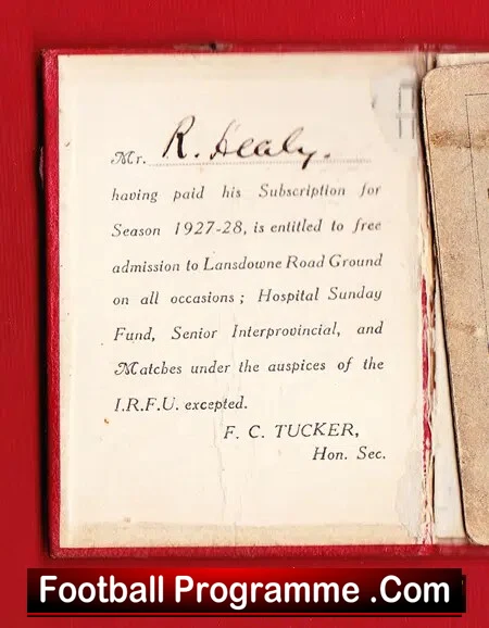 Wanderers Rugby Football Club Dublin Ireland Season Book 1927/28