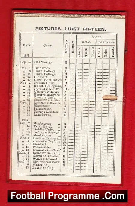 Wanderers Rugby Football Club Dublin Ireland Season Book 1927/28