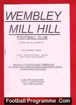 Wembley Mill Hill Women v Canary Racers 1998 - Womens Football - football programme