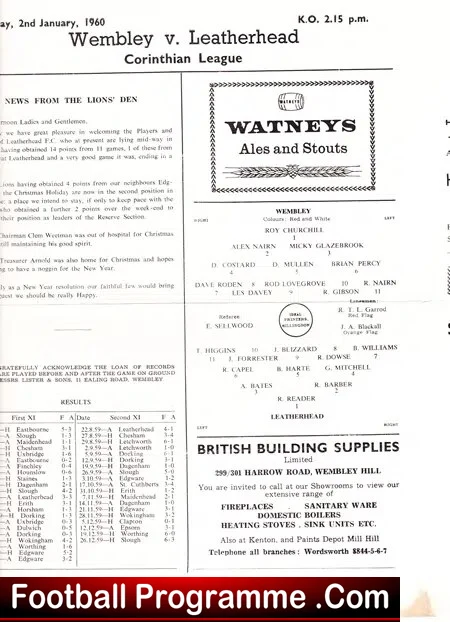 Wembley v Leatherhead 1960 - Corinthian League