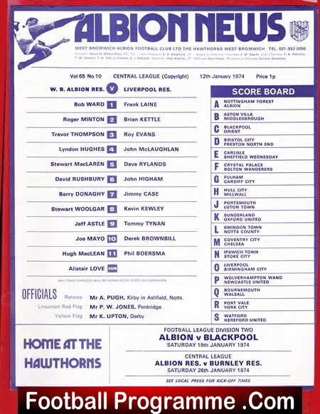 West Bromwich Albion v Liverpool 1974 – Reserves Match