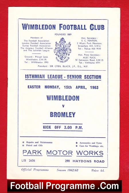 Wimbledon v Bromley 1963 – Isthmian League Senior