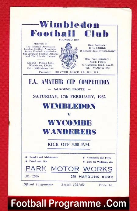 Wimbledon v Wycombe Wanderers 1962