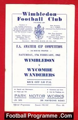 Wimbledon v Wycombe Wanderers 1962