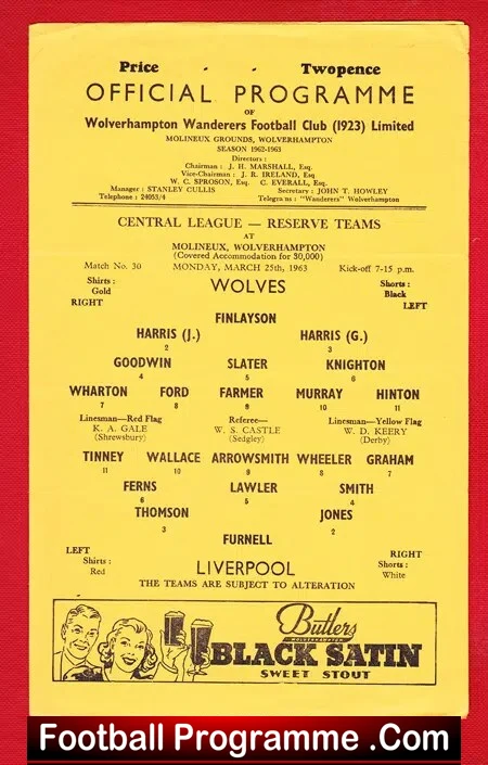 Wolves Wolverhampton v Liverpool 1963 – Reserves Match