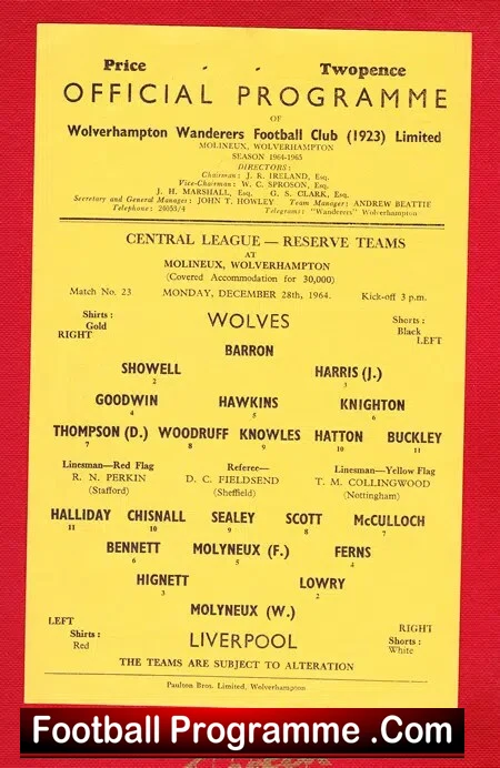 Wolves Wolverhampton v Liverpool 1964 – Reserves Match