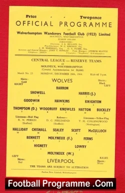 Wolves Wolverhampton v Liverpool 1964 – Reserves Match
