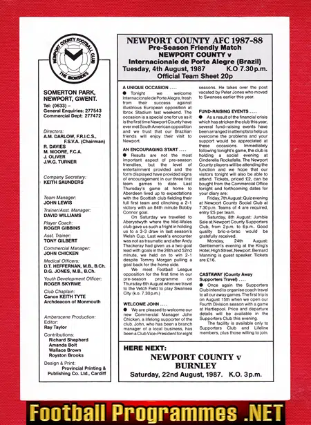 Newport County v Internacional Porto Alegre 1987 – Pre Season