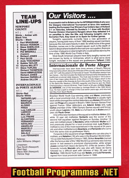 Newport County v Internacional Porto Alegre 1987 - Pre Season
