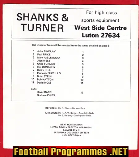 Luton Town v Dinamo Zagreb 1978 - Official Football Programme