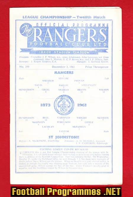 Glasgow Rangers v St Johnstone 1961