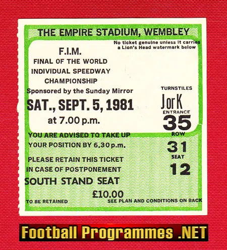 Speedway Ticket Stub WM Final 1981 - Wembley London