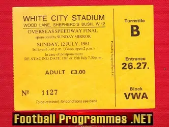 Speedway Ticket Stub Overseas Final 1981 - White City London