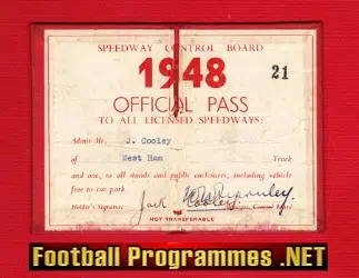Speedway West Ham Season Ticket Pass 1948 - Rider = Jack Cooley