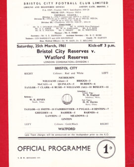 Bristol City v Watford 1961 – London Combination Cup