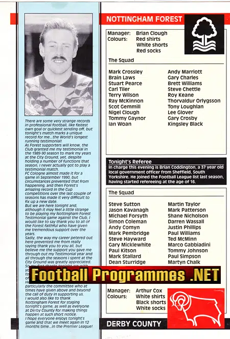 Steve Sutton Testimonial Benefit Nottingham Forest 1992 - Signed