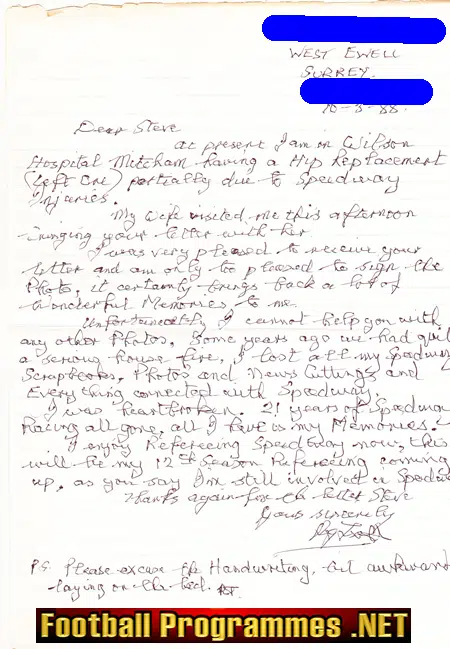Wimbledon Speedway Reg Trott Genuine Hand Written Letter 1988