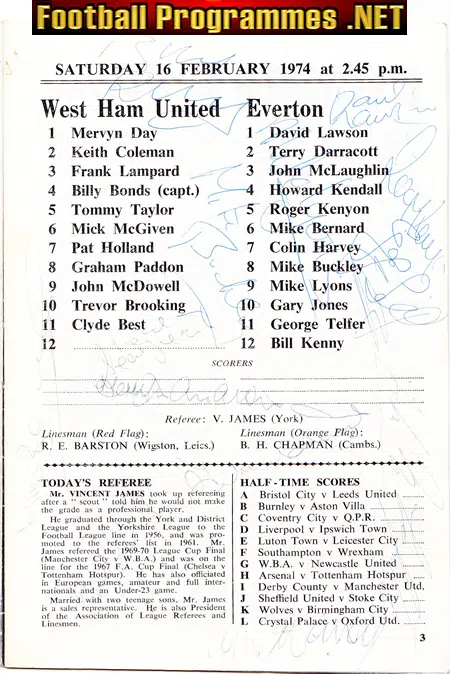 West Ham United v Everton 1974 - Multi Autographed Signed