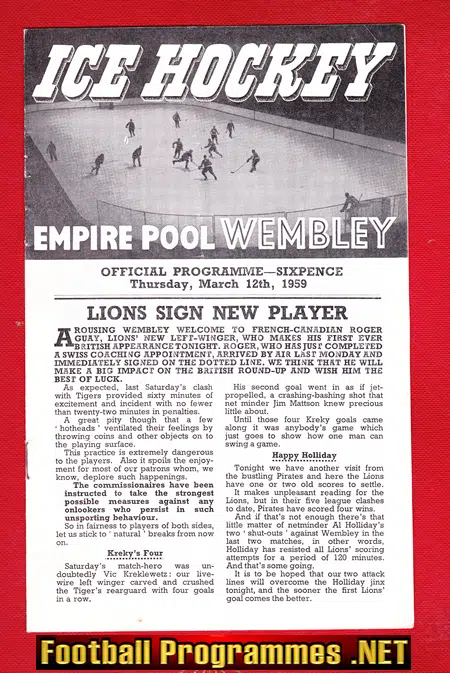 Wembley Ice Hockey v Paisley Pirates 1959